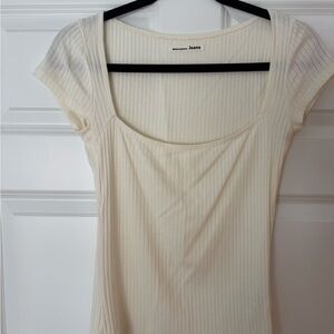 Reformation Cream Ribbed Scoop-Neck Short Sleeve Top